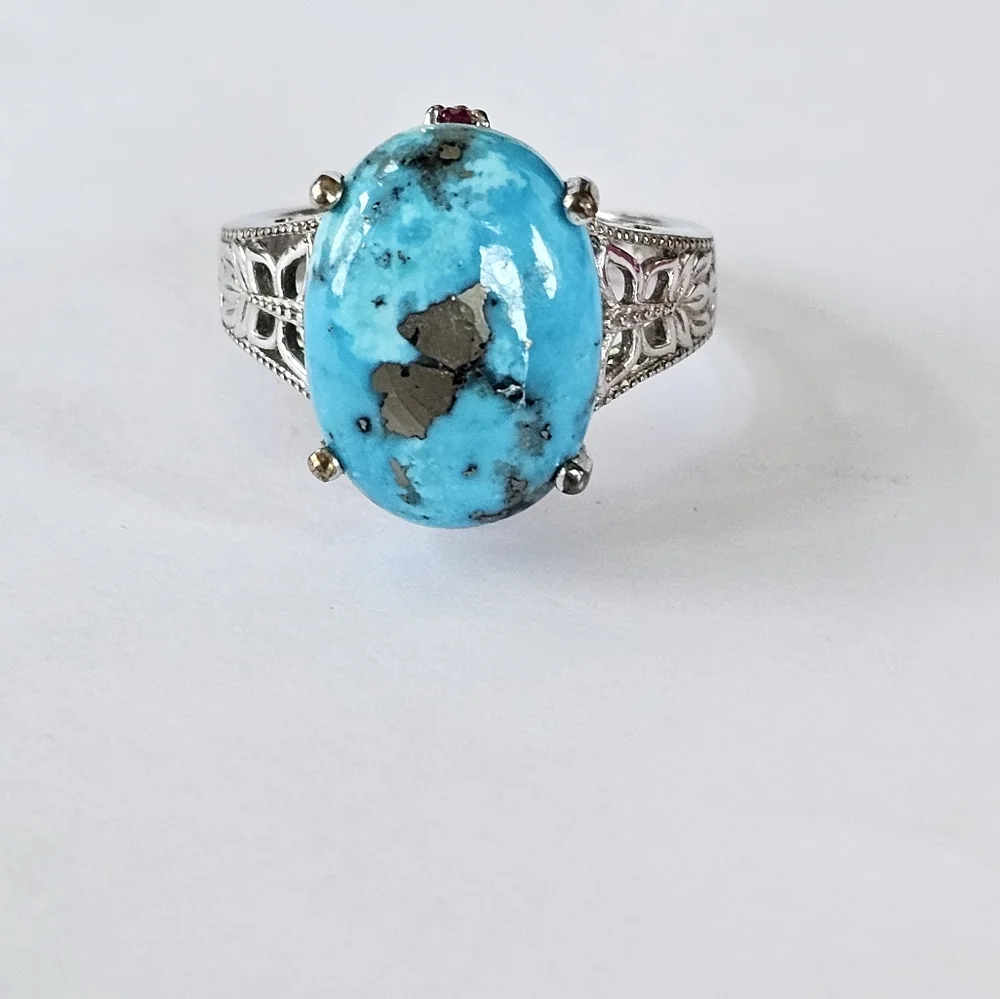 Genuine Turquoise w/Pyrite & Ruby Platinum/925 🦋 Size 9! - Picture 8 of 8